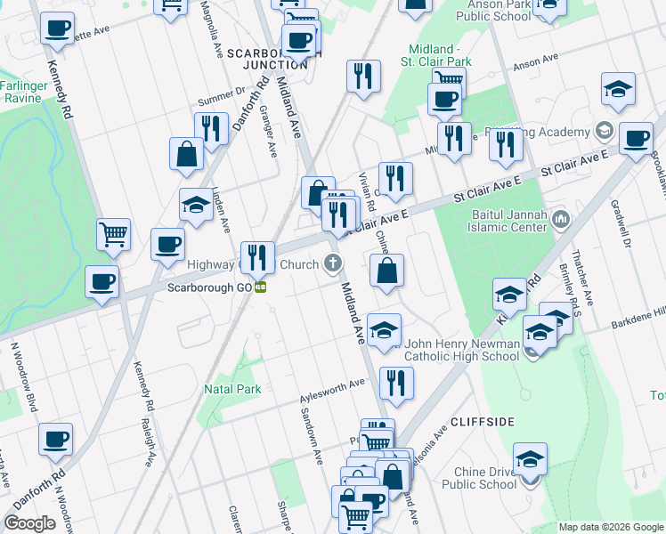map of restaurants, bars, coffee shops, grocery stores, and more near in Toronto