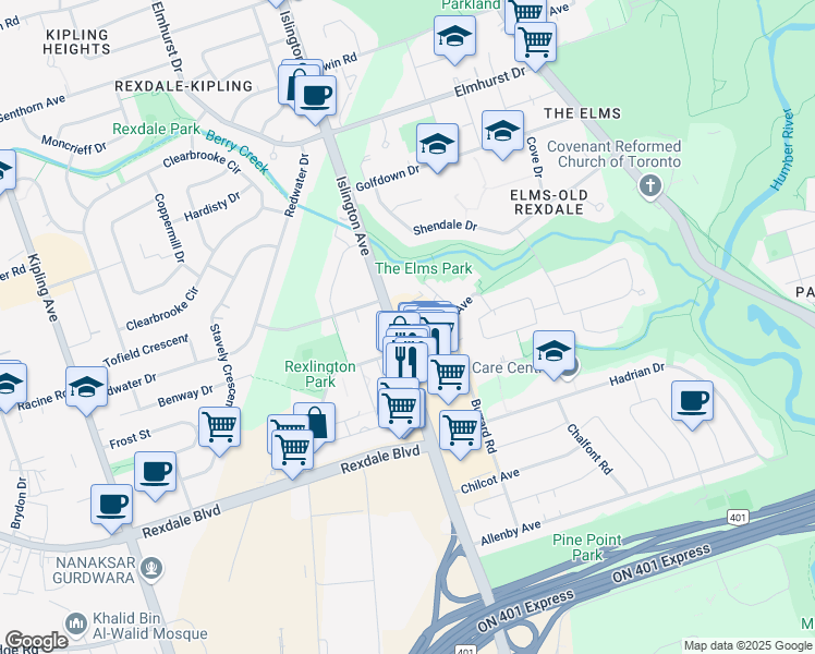 map of restaurants, bars, coffee shops, grocery stores, and more near 2313 Islington Avenue in Toronto