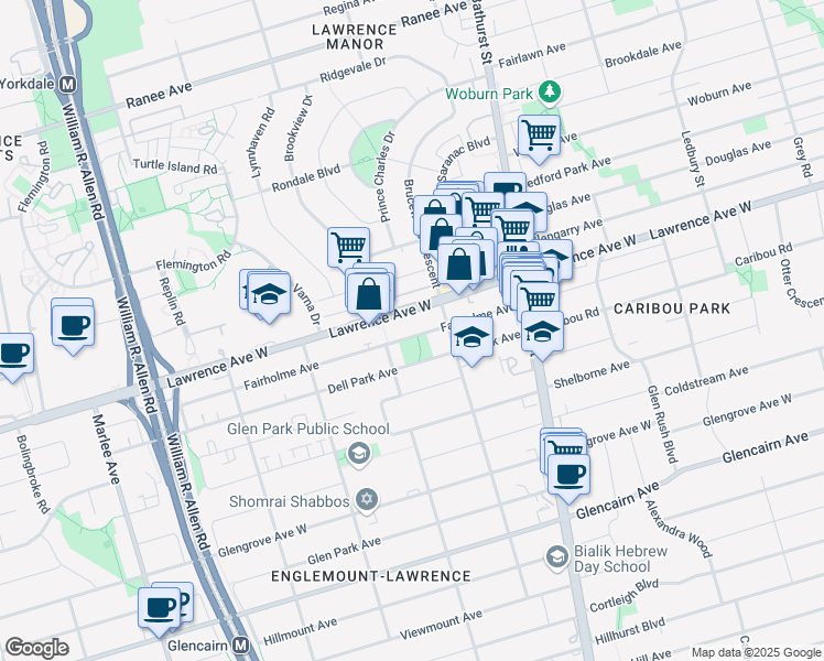 map of restaurants, bars, coffee shops, grocery stores, and more near 52 Fairholme Avenue in Toronto