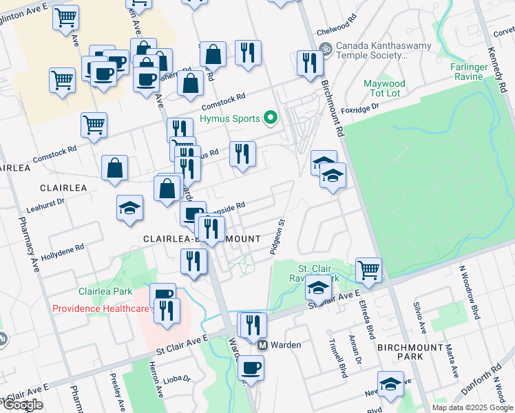 map of restaurants, bars, coffee shops, grocery stores, and more near 22 Fusilier Drive in Toronto