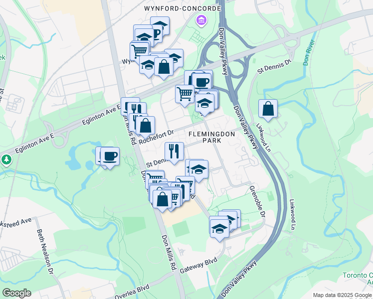 map of restaurants, bars, coffee shops, grocery stores, and more near 15 Saint Dennis Drive in Toronto
