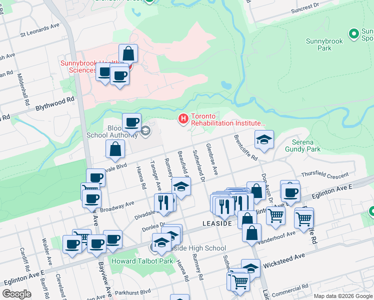 map of restaurants, bars, coffee shops, grocery stores, and more near in Toronto