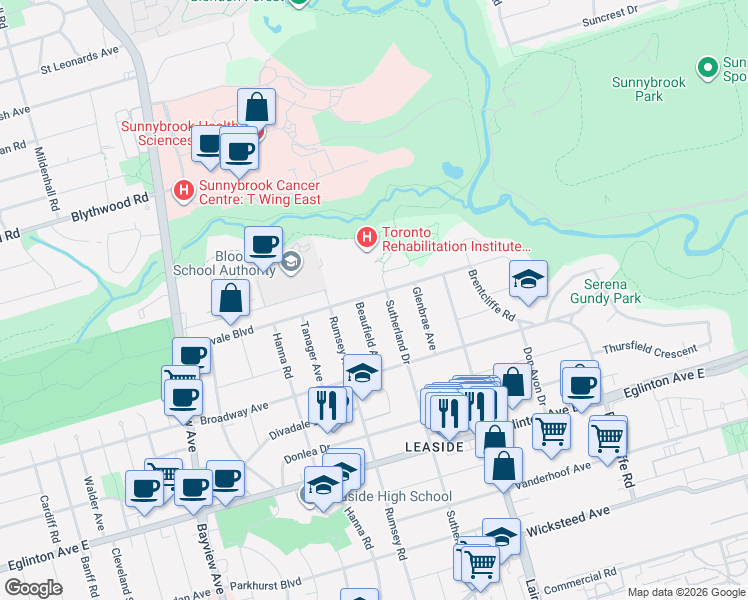 map of restaurants, bars, coffee shops, grocery stores, and more near 127 Glenvale Boulevard in Toronto