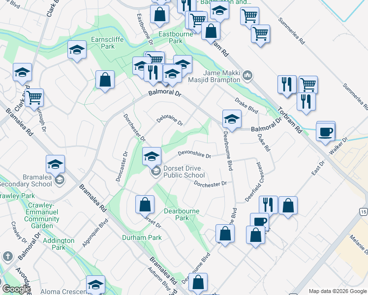 map of restaurants, bars, coffee shops, grocery stores, and more near 25 Devonshire Drive in Brampton
