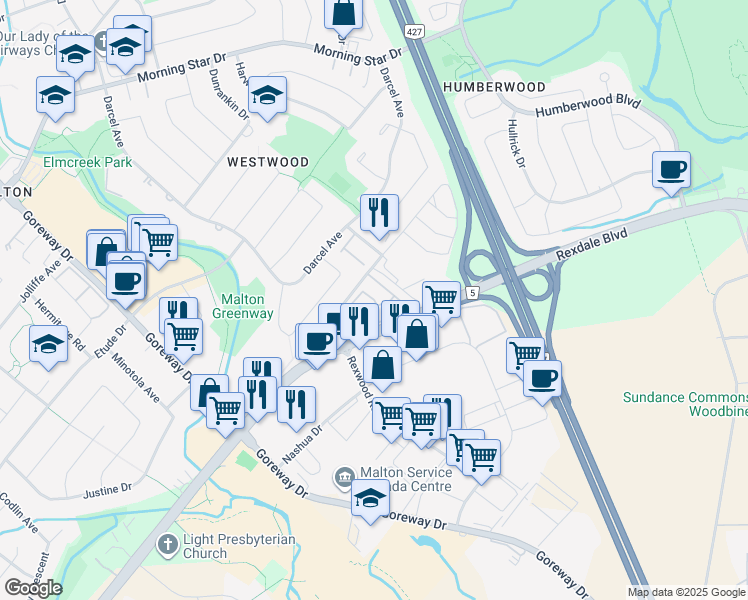 map of restaurants, bars, coffee shops, grocery stores, and more near 7035 Rexwood Road in Mississauga