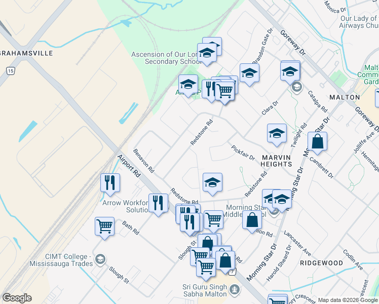map of restaurants, bars, coffee shops, grocery stores, and more near 7681 Redstone Road in Mississauga