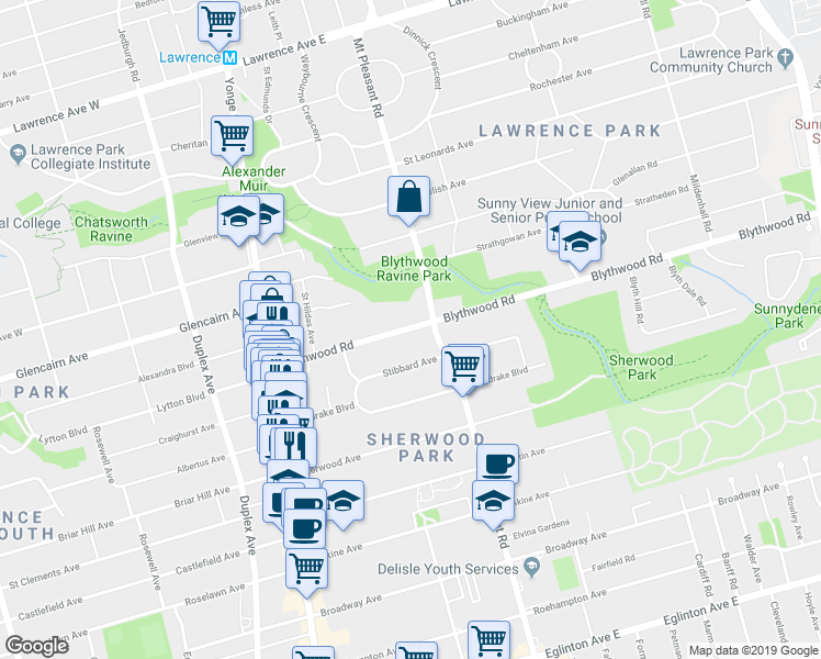 map of restaurants, bars, coffee shops, grocery stores, and more near 181 Blythwood Road in Toronto