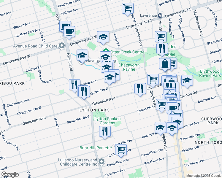 map of restaurants, bars, coffee shops, grocery stores, and more near 153 Glengrove Avenue West in Toronto