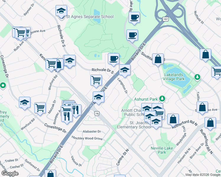 map of restaurants, bars, coffee shops, grocery stores, and more near 192 Simmons Boulevard in Brampton