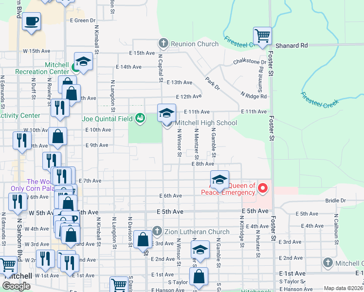 map of restaurants, bars, coffee shops, grocery stores, and more near 900 North Winsor Street in Mitchell