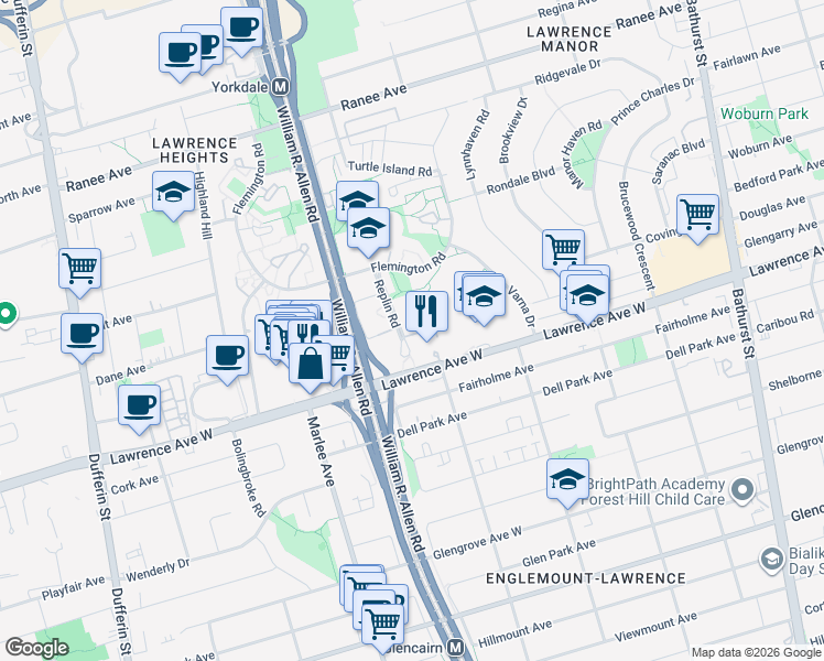 map of restaurants, bars, coffee shops, grocery stores, and more near in Toronto