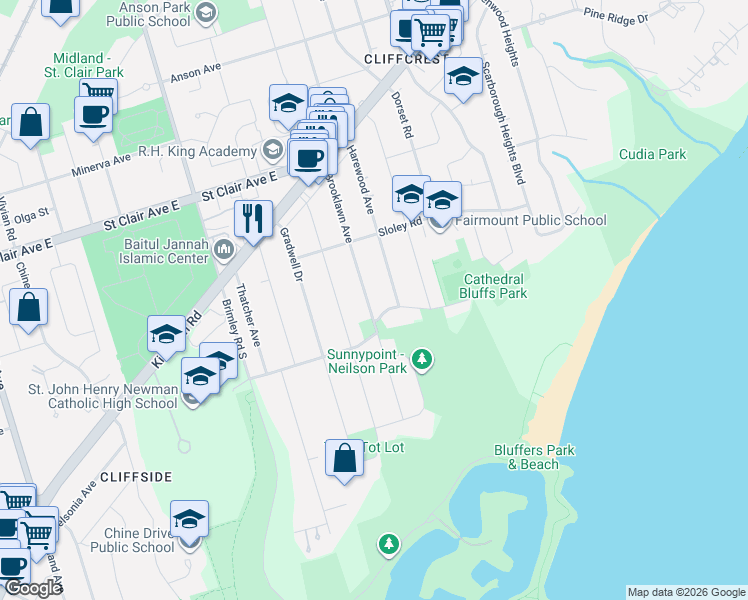 map of restaurants, bars, coffee shops, grocery stores, and more near in Toronto