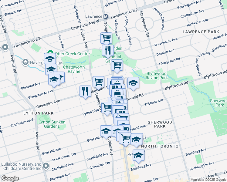 map of restaurants, bars, coffee shops, grocery stores, and more near 2711 Yonge Street in Toronto