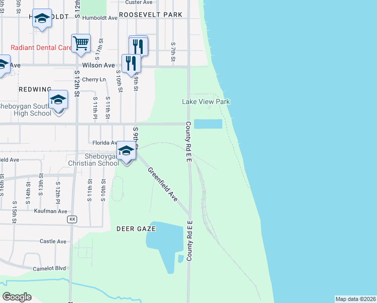 map of restaurants, bars, coffee shops, grocery stores, and more near 3499 County Road EE in Sheboygan