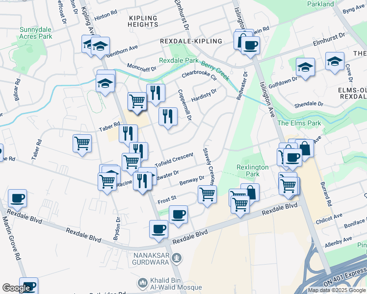 map of restaurants, bars, coffee shops, grocery stores, and more near in Toronto