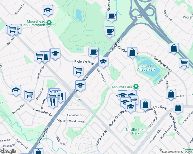 map of restaurants, bars, coffee shops, grocery stores, and more near 70 Pluto Drive in Brampton