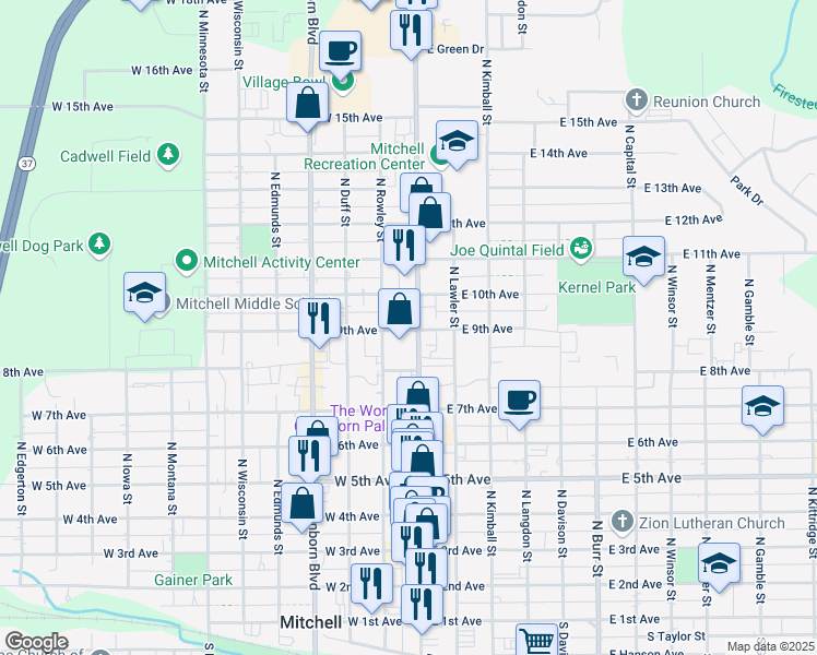 map of restaurants, bars, coffee shops, grocery stores, and more near 812 North Rowley Street in Mitchell