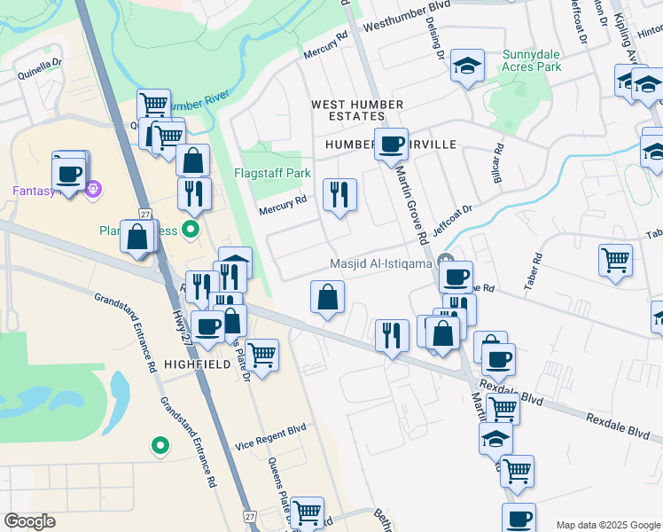 map of restaurants, bars, coffee shops, grocery stores, and more near Jeffcoat Drive in Toronto