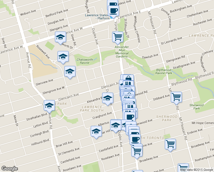 map of restaurants, bars, coffee shops, grocery stores, and more near 42 Glencairn Ave in Toronto
