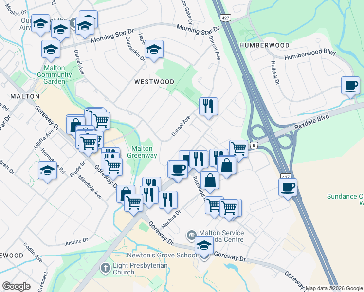 map of restaurants, bars, coffee shops, grocery stores, and more near Laddie Crescent in Mississauga