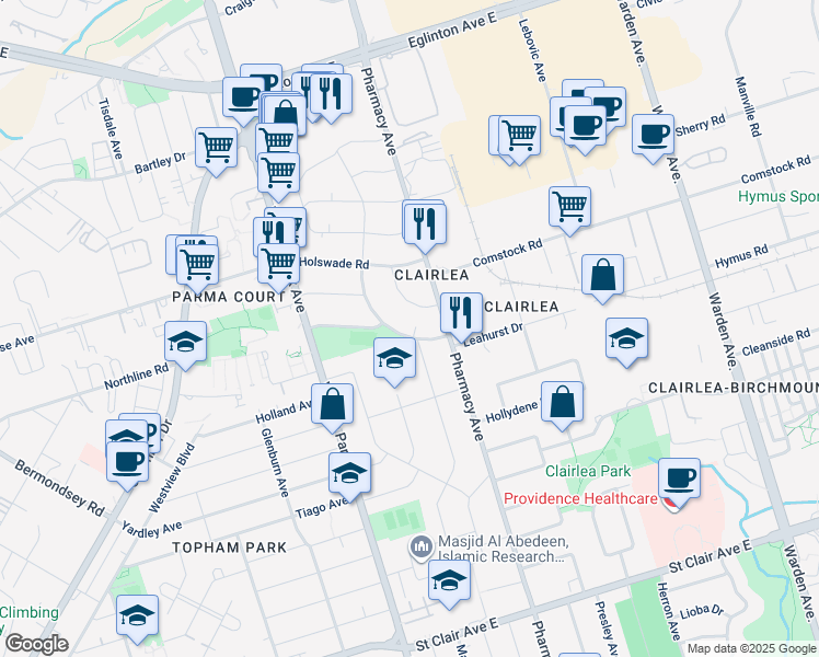 map of restaurants, bars, coffee shops, grocery stores, and more near 34 Edge Park Avenue in Toronto