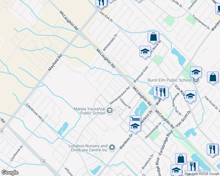 map of restaurants, bars, coffee shops, grocery stores, and more near 40 Hoover Road in Brampton
