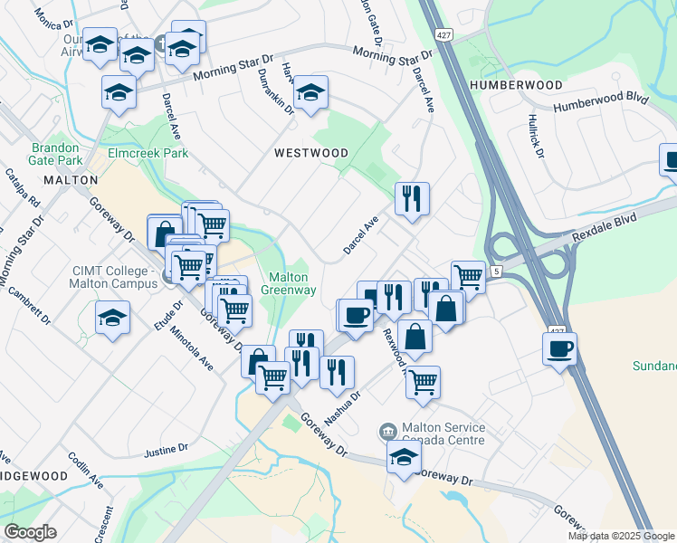 map of restaurants, bars, coffee shops, grocery stores, and more near 3525 Laddie Crescent in Mississauga