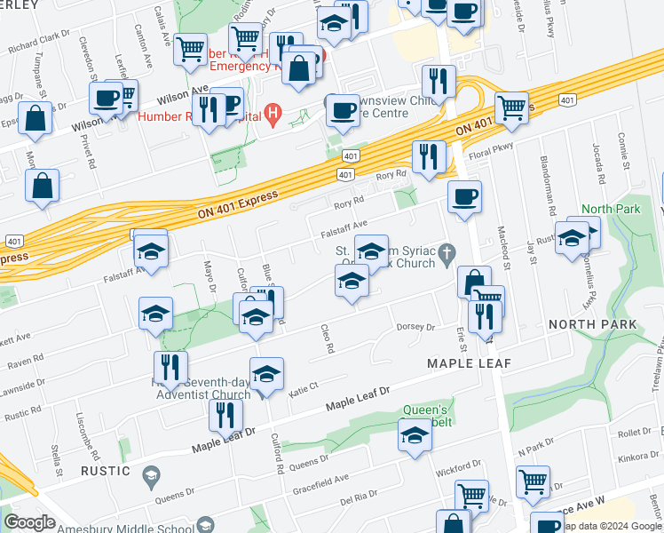 map of restaurants, bars, coffee shops, grocery stores, and more near in Toronto