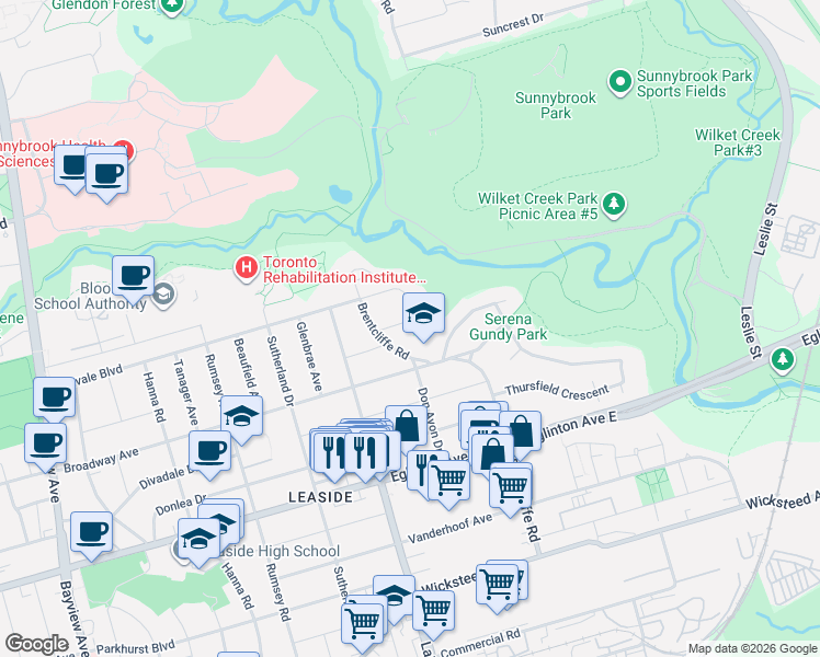 map of restaurants, bars, coffee shops, grocery stores, and more near 52 Killdeer Crescent in Toronto