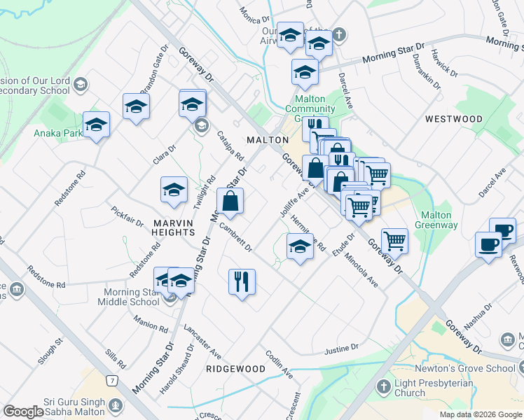 map of restaurants, bars, coffee shops, grocery stores, and more near Drifton Crescent in Mississauga