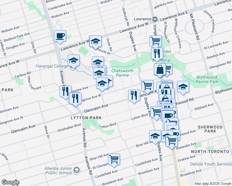 map of restaurants, bars, coffee shops, grocery stores, and more near in Toronto