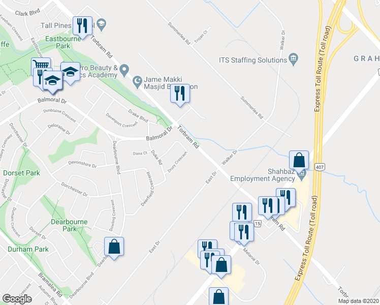 map of restaurants, bars, coffee shops, grocery stores, and more near 26 Drury Crescent in Brampton