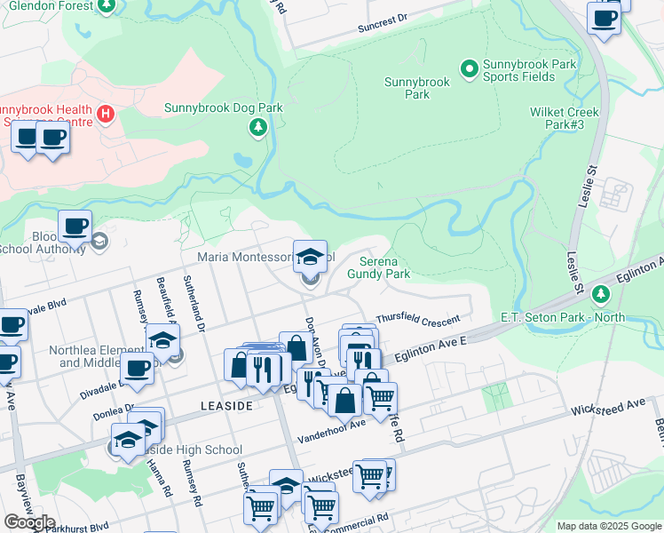 map of restaurants, bars, coffee shops, grocery stores, and more near 12 Rykert Crescent in Toronto