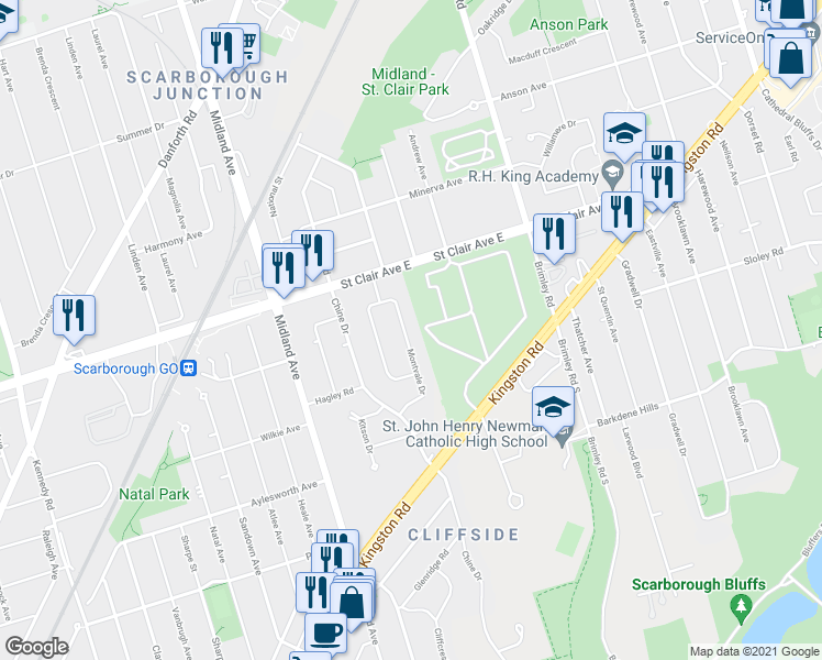 map of restaurants, bars, coffee shops, grocery stores, and more near 49 Montvale Drive in Toronto