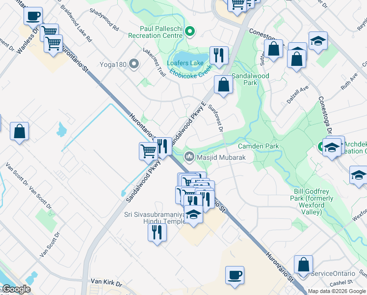 map of restaurants, bars, coffee shops, grocery stores, and more near 35 Southwell Place in Brampton