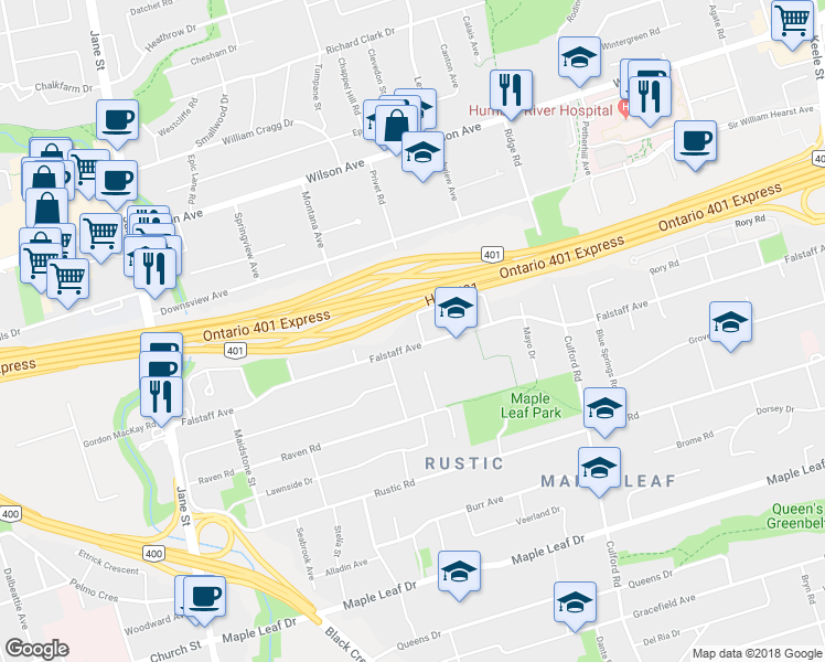 map of restaurants, bars, coffee shops, grocery stores, and more near 6 Frankfort Avenue in Toronto