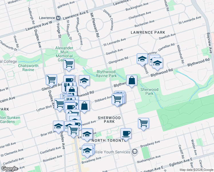 map of restaurants, bars, coffee shops, grocery stores, and more near 181 Blythwood Road in Toronto