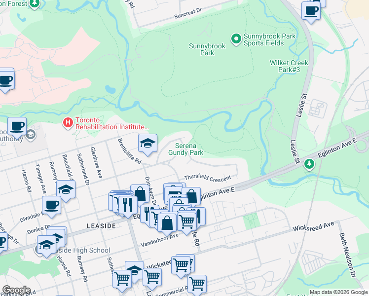 map of restaurants, bars, coffee shops, grocery stores, and more near 61 Rykert Crescent in Toronto