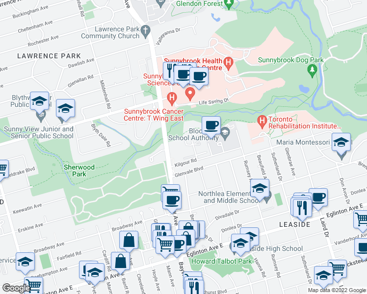 map of restaurants, bars, coffee shops, grocery stores, and more near 50 Kilgour Road in Toronto