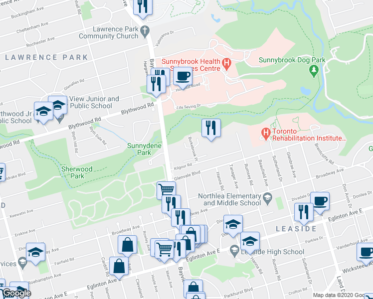 map of restaurants, bars, coffee shops, grocery stores, and more near 20 Burkebrook Place in Toronto