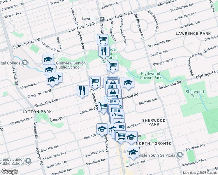 map of restaurants, bars, coffee shops, grocery stores, and more near 2730 Yonge Street in Toronto
