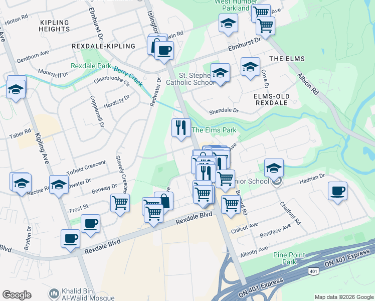 map of restaurants, bars, coffee shops, grocery stores, and more near 56 Leduc Drive in Toronto