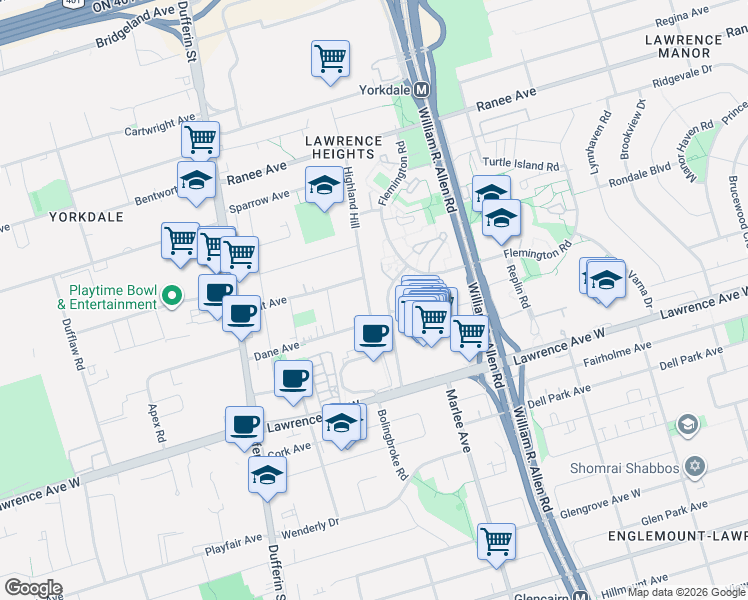 map of restaurants, bars, coffee shops, grocery stores, and more near 65 Dane Avenue in Toronto