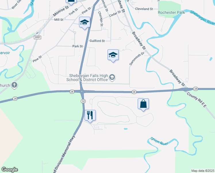 map of restaurants, bars, coffee shops, grocery stores, and more near 203 Amherst Avenue in Sheboygan Falls