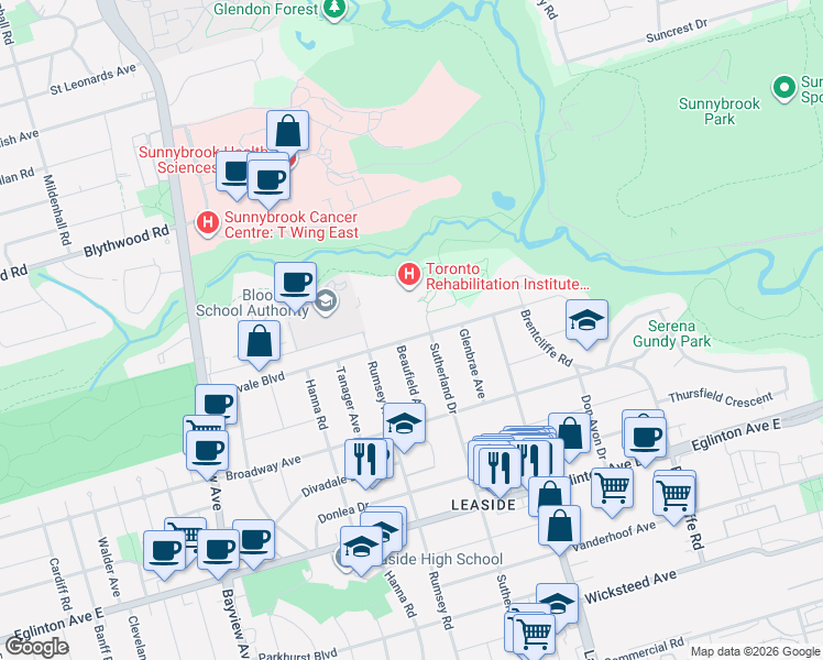 map of restaurants, bars, coffee shops, grocery stores, and more near 132 Glenvale Boulevard in Toronto