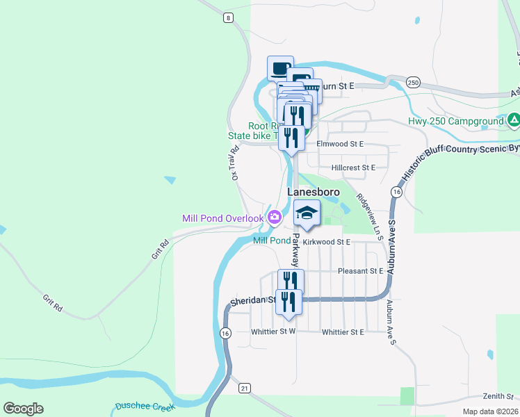map of restaurants, bars, coffee shops, grocery stores, and more near 114 Norway Drive in Lanesboro