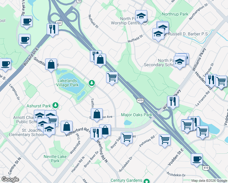 map of restaurants, bars, coffee shops, grocery stores, and more near in Brampton