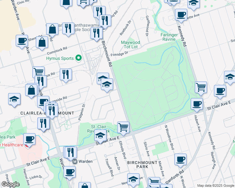 map of restaurants, bars, coffee shops, grocery stores, and more near 640 Birchmount Road in Toronto