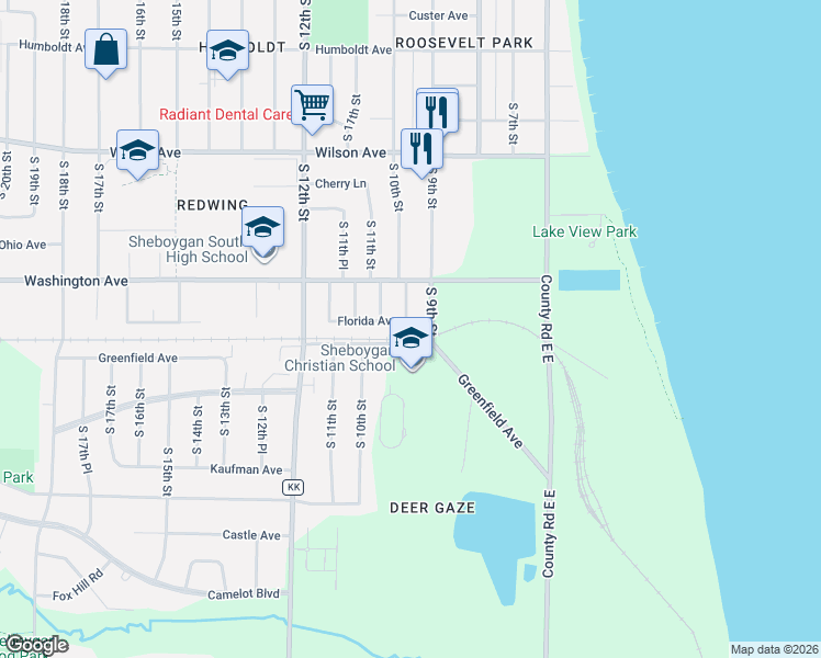 map of restaurants, bars, coffee shops, grocery stores, and more near 1001 Florida Avenue in Sheboygan