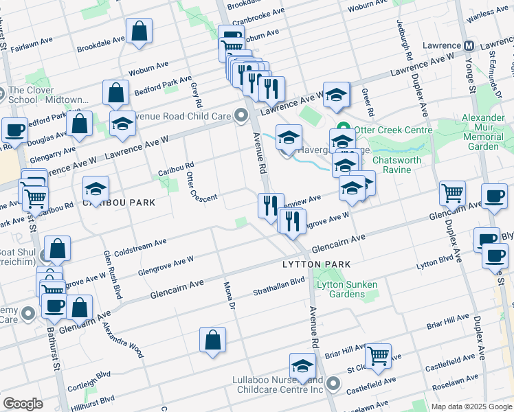 map of restaurants, bars, coffee shops, grocery stores, and more near in Toronto
